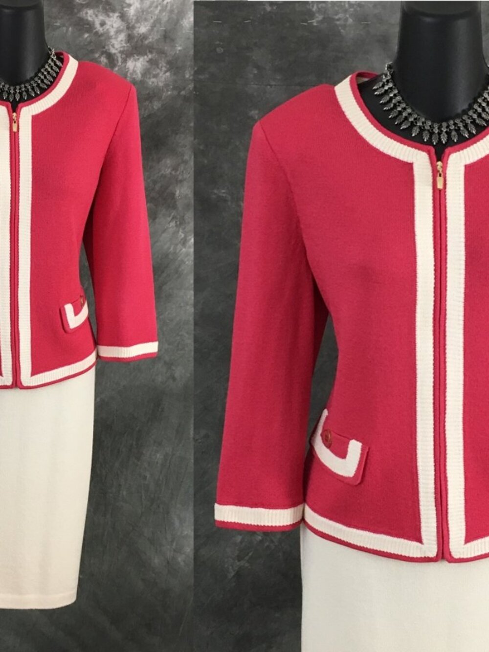 BEAUTIFUL St John collection knit pink white jacket skirt suit size S 6